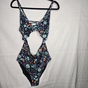 Amazon Floral Cutout One Piece Swimsuit - Black and Teal